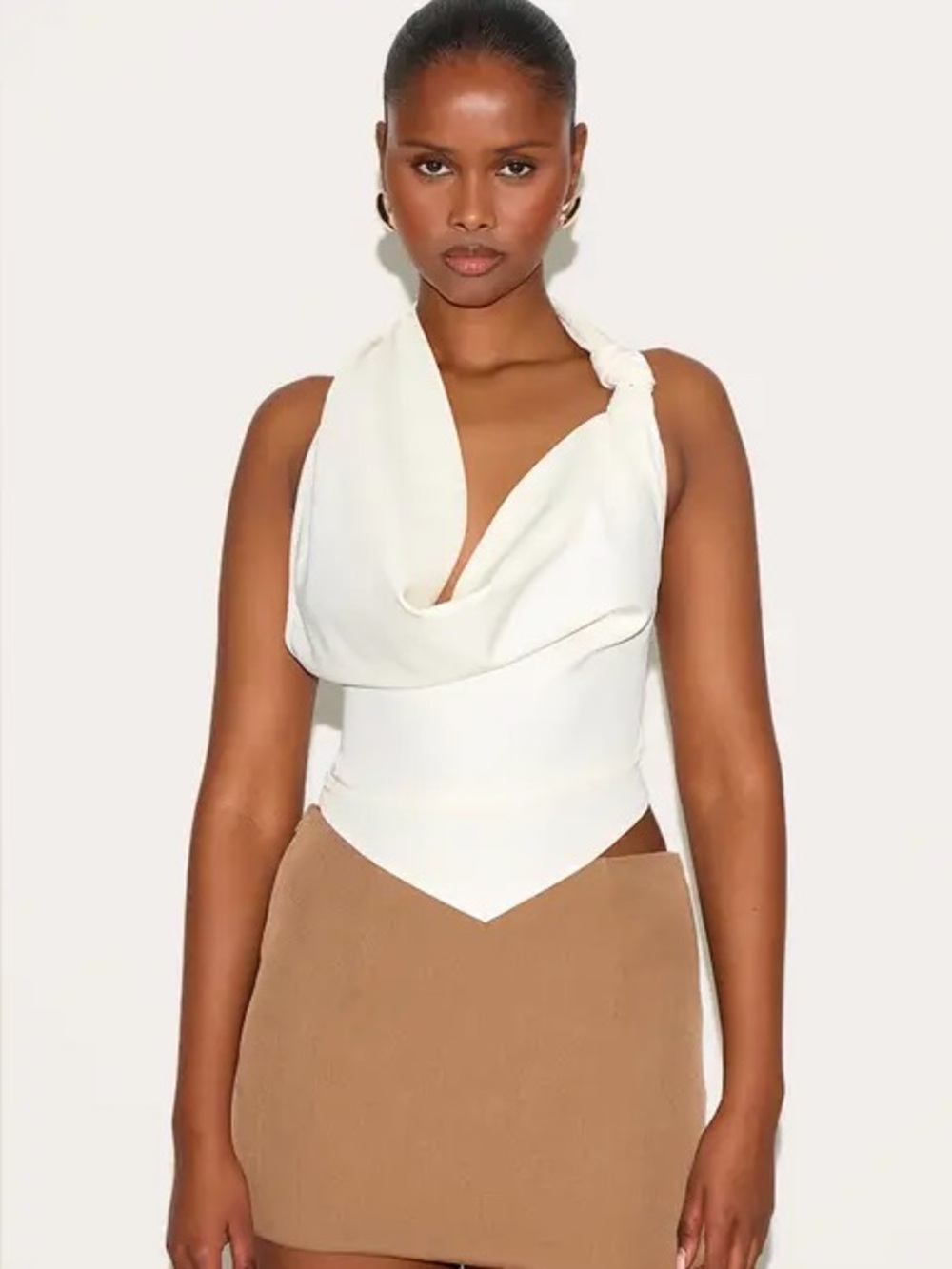 NWT PrettyLittleThing Cream Backless Cowl Neck Asymmetrical Top Size 6